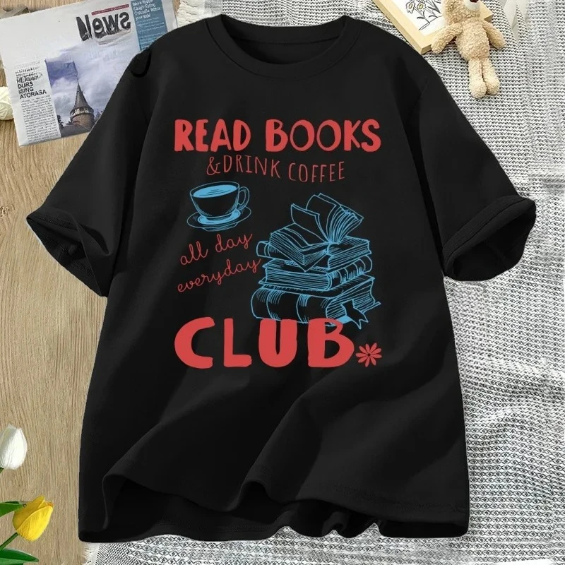 Reading Book and Coffee Club T-shirt Women Casual Short Sleeve Tshirt Clothing Vintage Bookish Tops Graphic Aesthetic Clothes