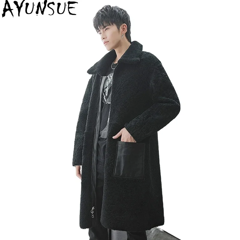 AYUNSUE Winter Natural Leather Jacket Men Warm Real Fur Coat Male Long Black Casual Wool Coats Wear Both Sides Chaquetas SQQ773