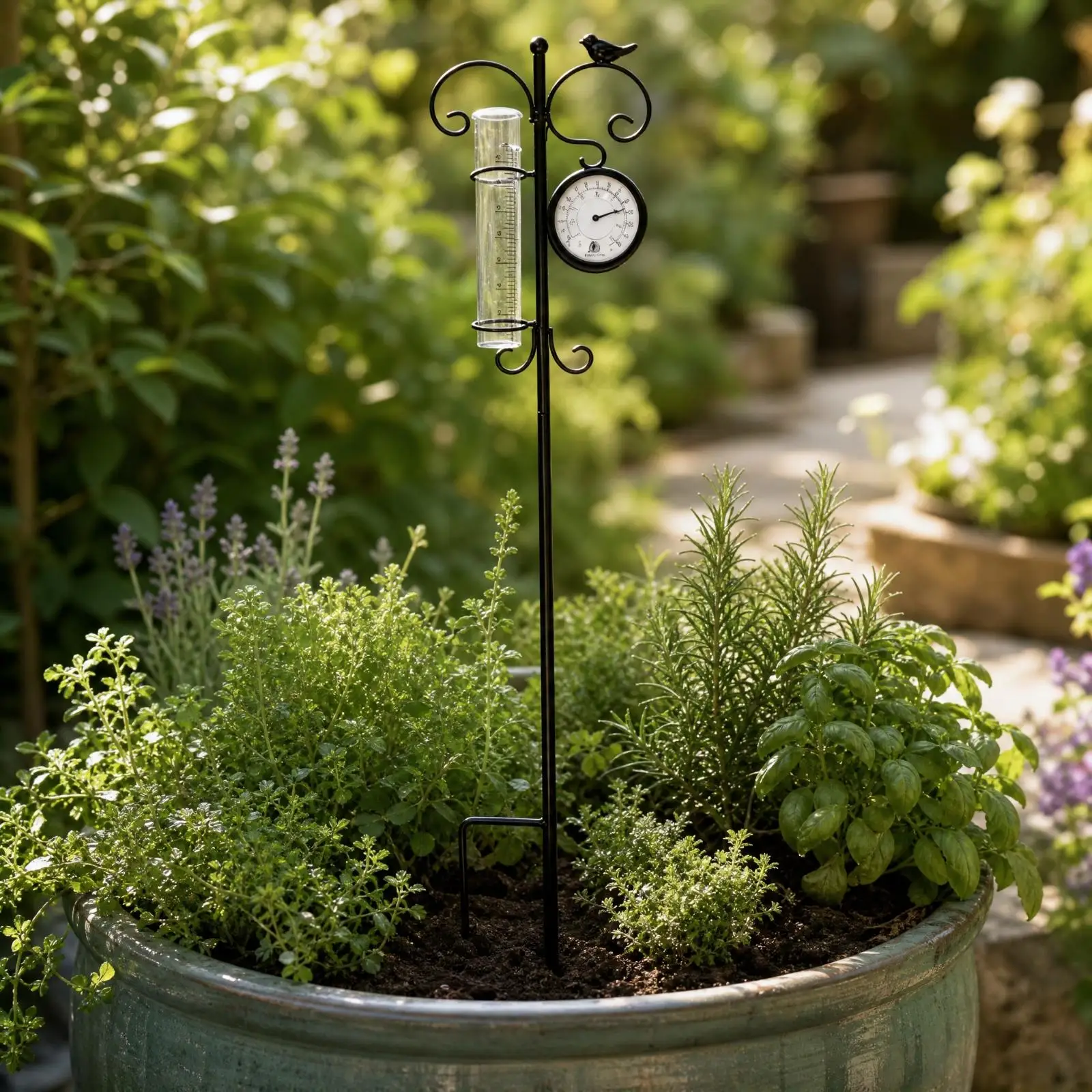 Metal Garden Stake with Rain Gauge and Thermometer Easy to Read Decorative Bird Silhouette Weather Stake Sturdy Decorative
