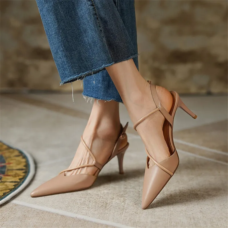 New Summer Sandals Genuine Leather Women Sandals Pointed Toe Back Strap Thin Heel Shoes for Women Casual Shoes Zapatos De Mujer