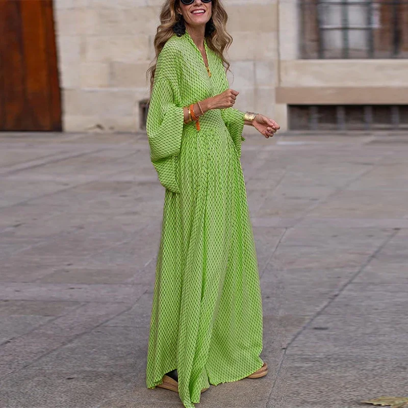 Sexy Ladies V-neck Printed Long Dress Autumn Fashion Flare Sleeves High Waist Bohemian Dress 2023 Elegant Pleated Robe Dresses