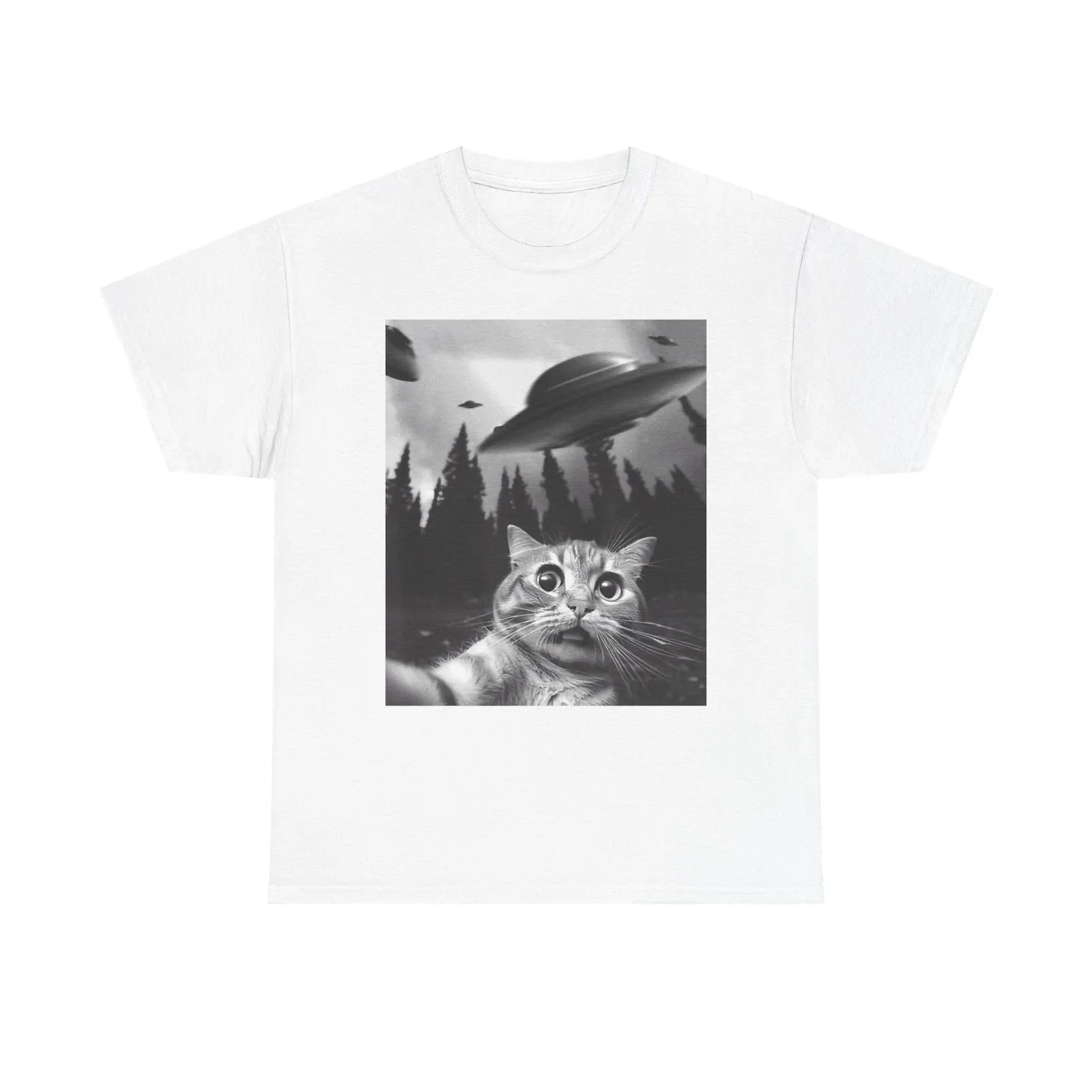 Funny Cat Selfie Alien Invasion Graphic T Shirt NEW Cotton Tee Gift