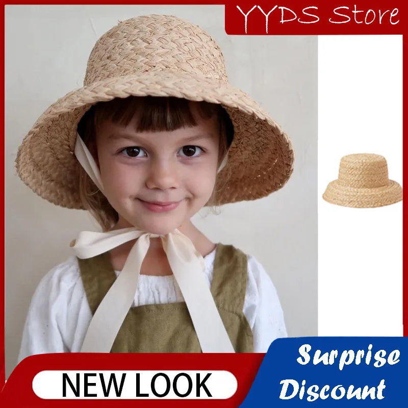 Ins Children\'s Raffia Straw Hat French Niche Retro Flat Top Lower Folded Brim Children\'s Straw Hat Hepburn Wind Straw Sun Hat