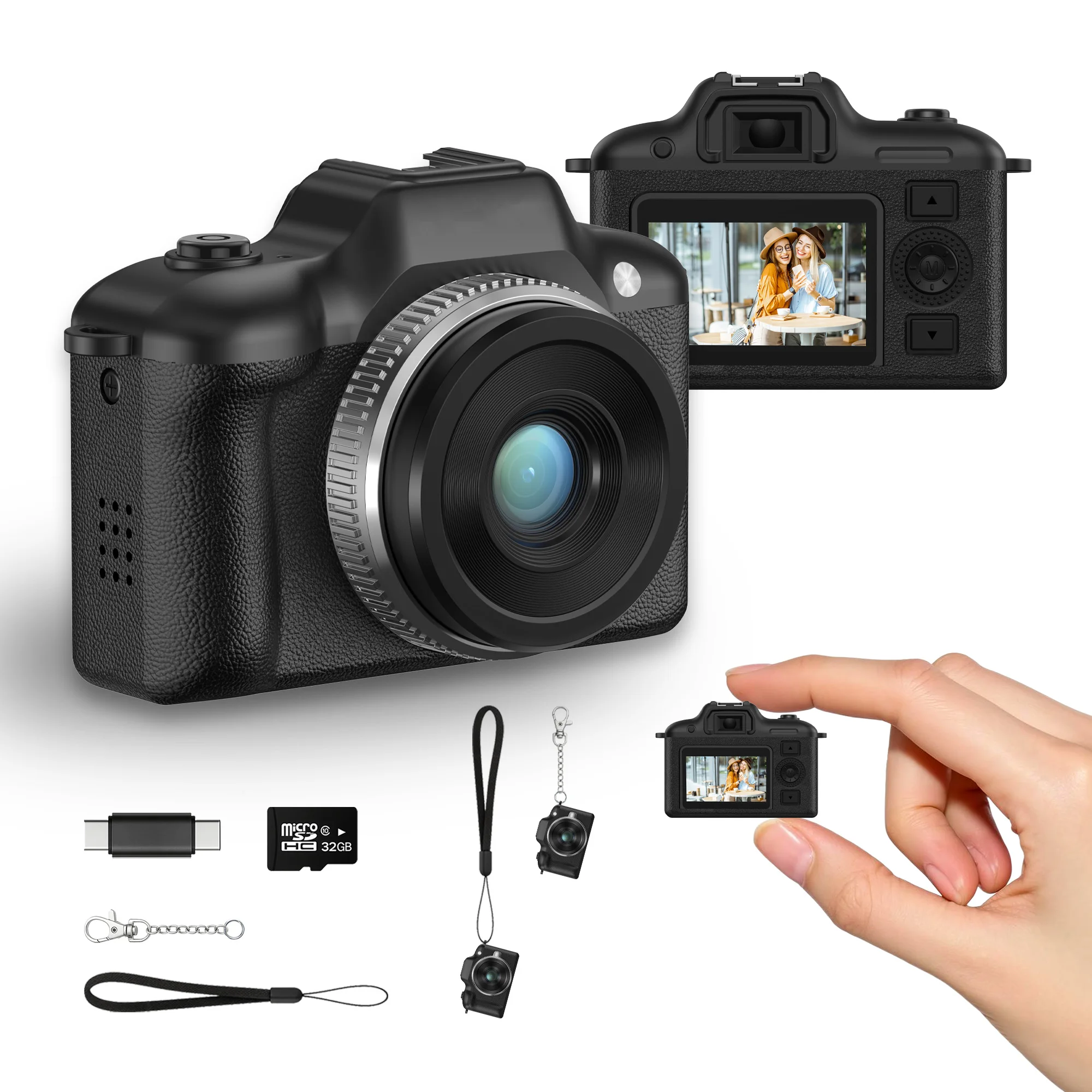Vintage Mini Black Keychain Camera, 1080P HD Video & 2MP Photos, 32GB Card, 5 Filters & Flash, 0.96