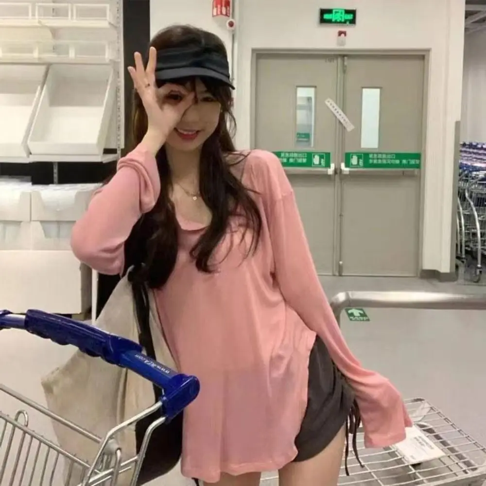 

Korean Fashion Y2k Tank Top Button Long Sleeve Crop Top V Collar Women Top Lady