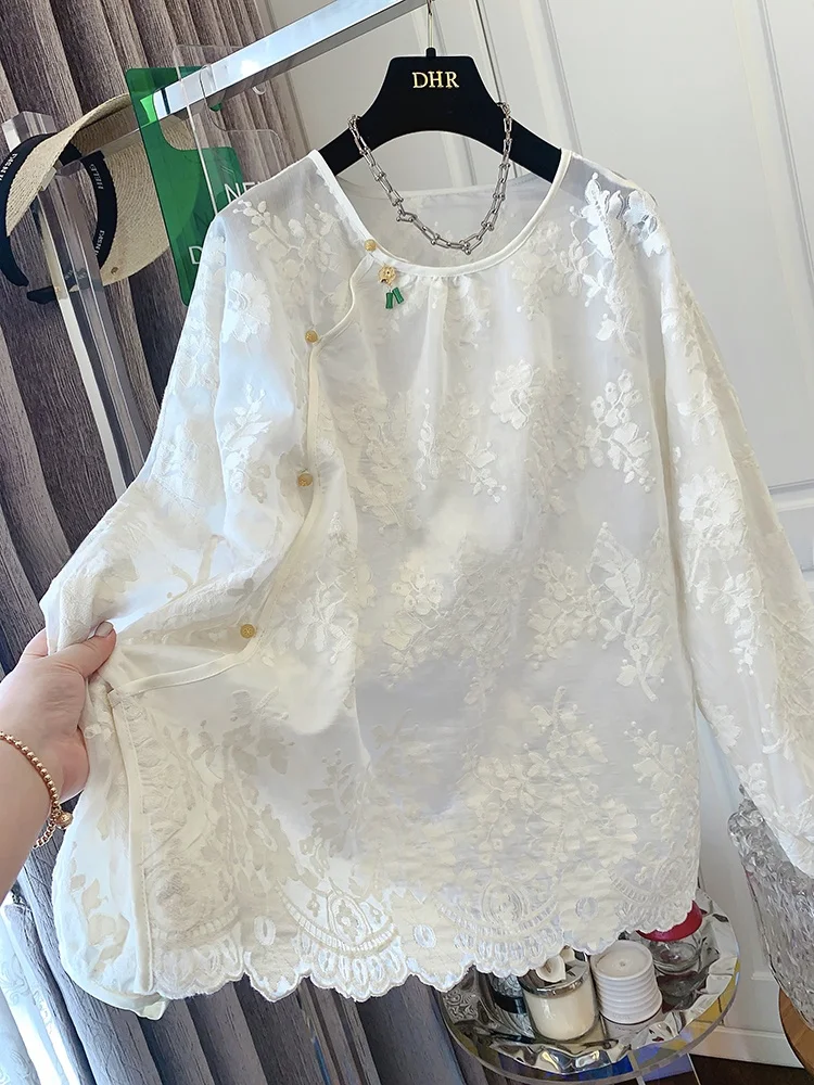 

Новая китайская женская блузка больших размеров с круглым вырезом, кружевом и цветочным принтом, свободного кроя, с длинным рукавом, весенняя коллекция