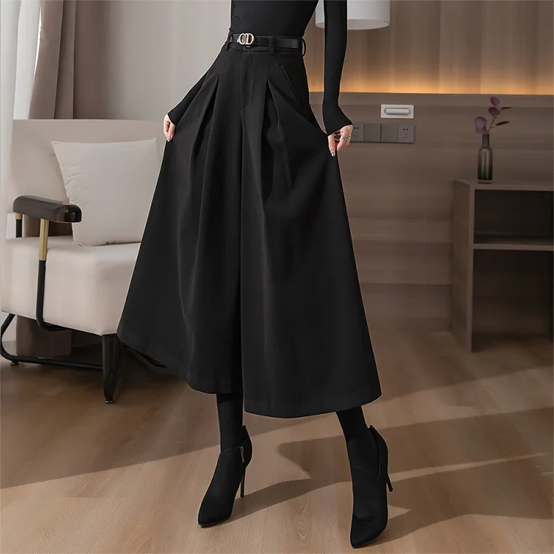 

High Waist Wool Wide Leg Pants Autumn Winter New Style Nine Points Big Size Women's Trousers High Waist Skirt Pants