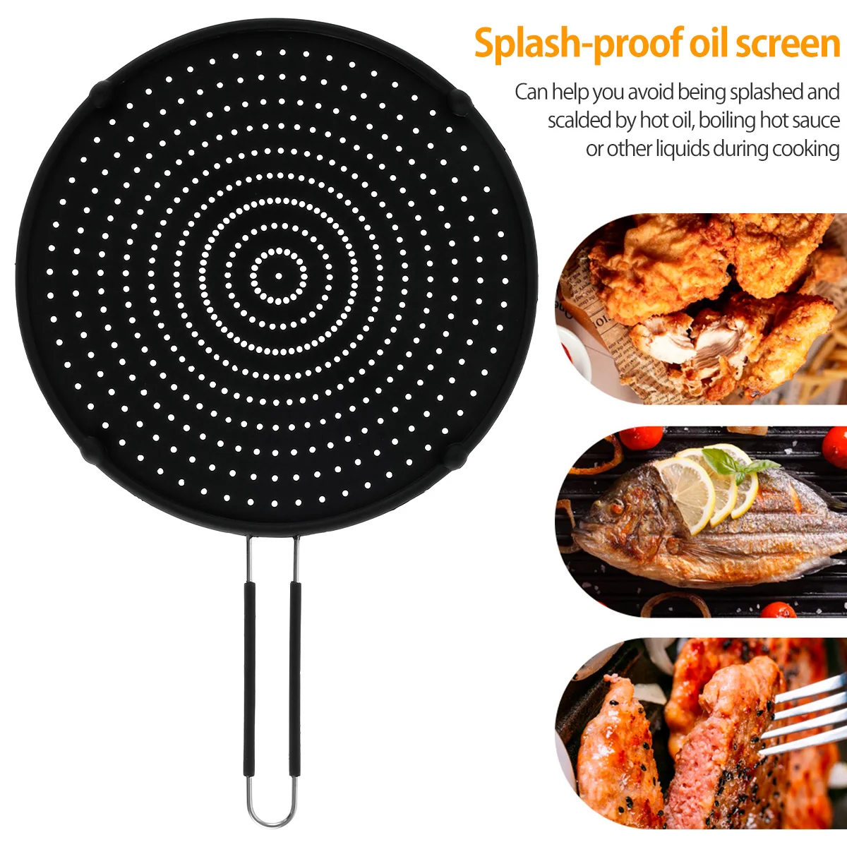 Kitchen Silicone Splatter Screen Foldable Handle Heat-resisting Oil Splash Guard Drain Board Cover Frying Pan Lid Cooking Tools