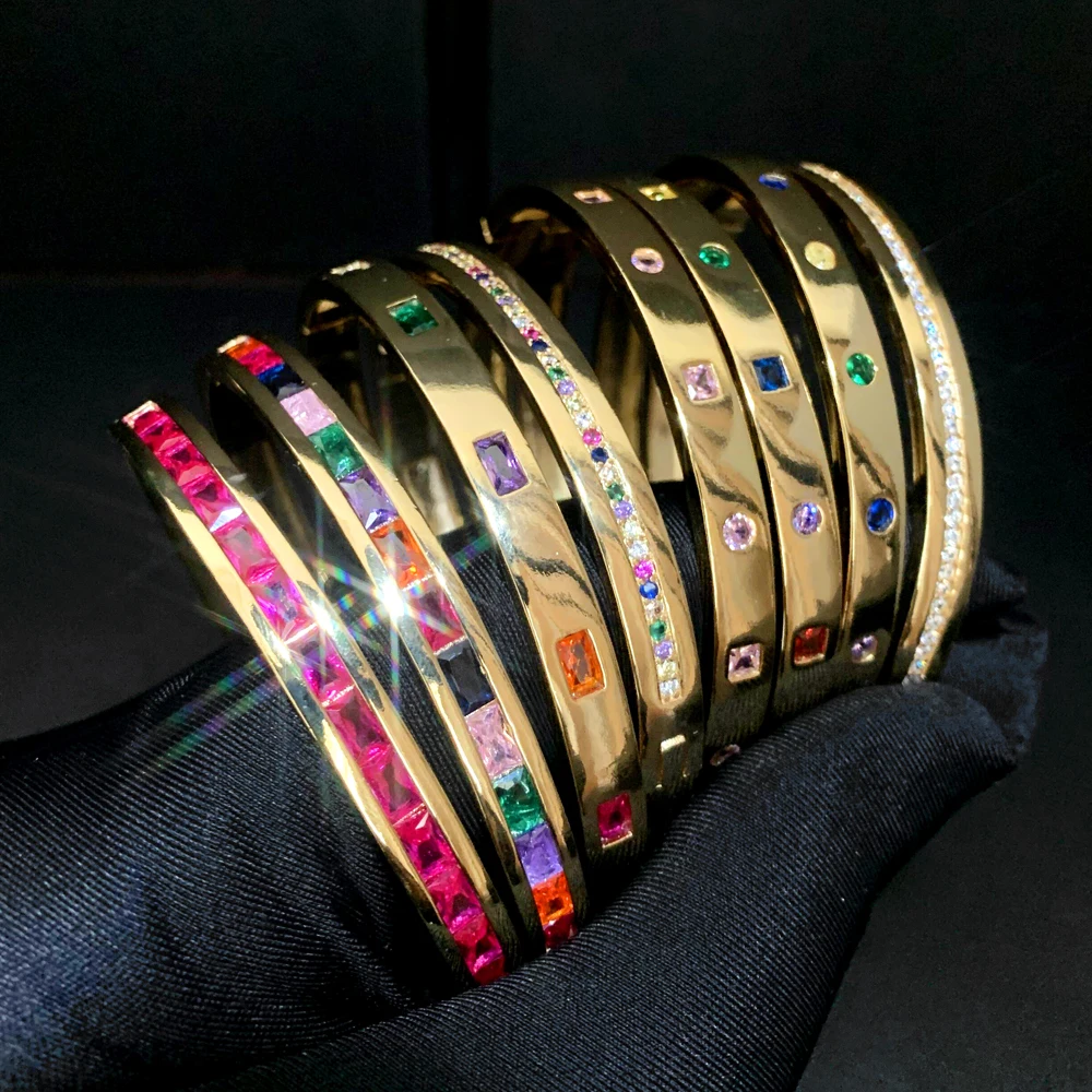 Geometric Rectangle Iced Out Bling Cubic Zirconia Colorful CZ Band Bangle for Women Gold Color Fashion Bracelet Jewelry