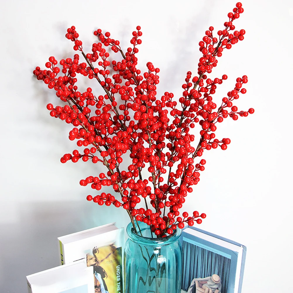 Bright Red Artificial Berry Branch 100cm Flexible Fake Holly For Stem For Christmas Wedding Home Holiday Decor DIY Floral