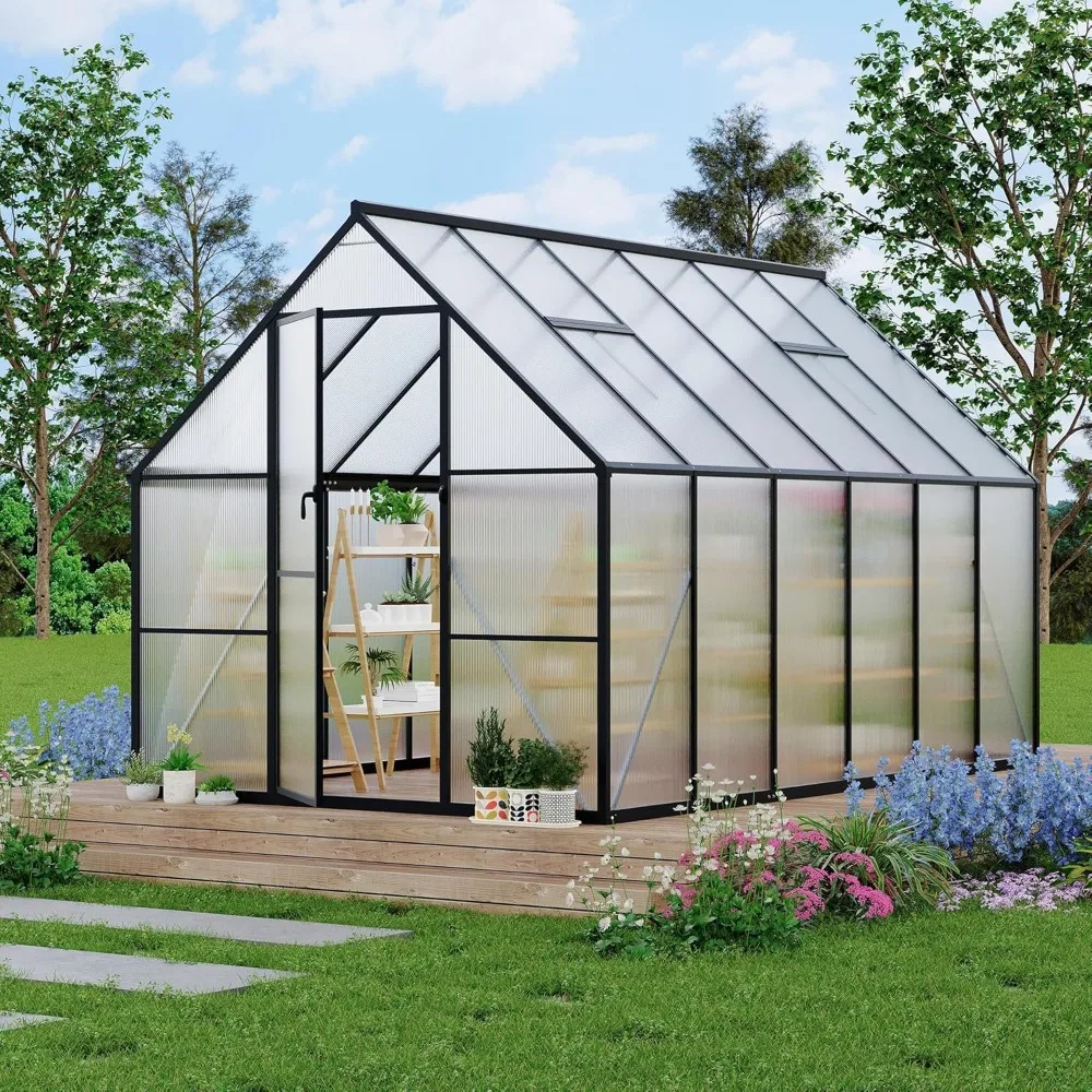 

Greenhouse 8x10 FT Aluminum-Framed Heavy Duty Polycarbonate with Quick Setup Structure and Roof Vent, Large Enhanced Outdoors Gr
