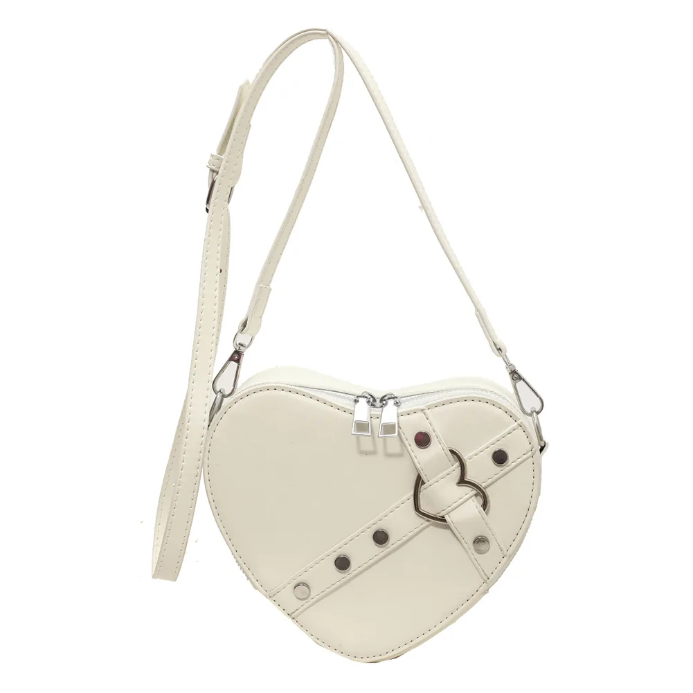 

Women Heart Crossbody Bags PU Leather Rivet Shoulder Bag Solid Color Adjustable Strap Female Outdoor Bag