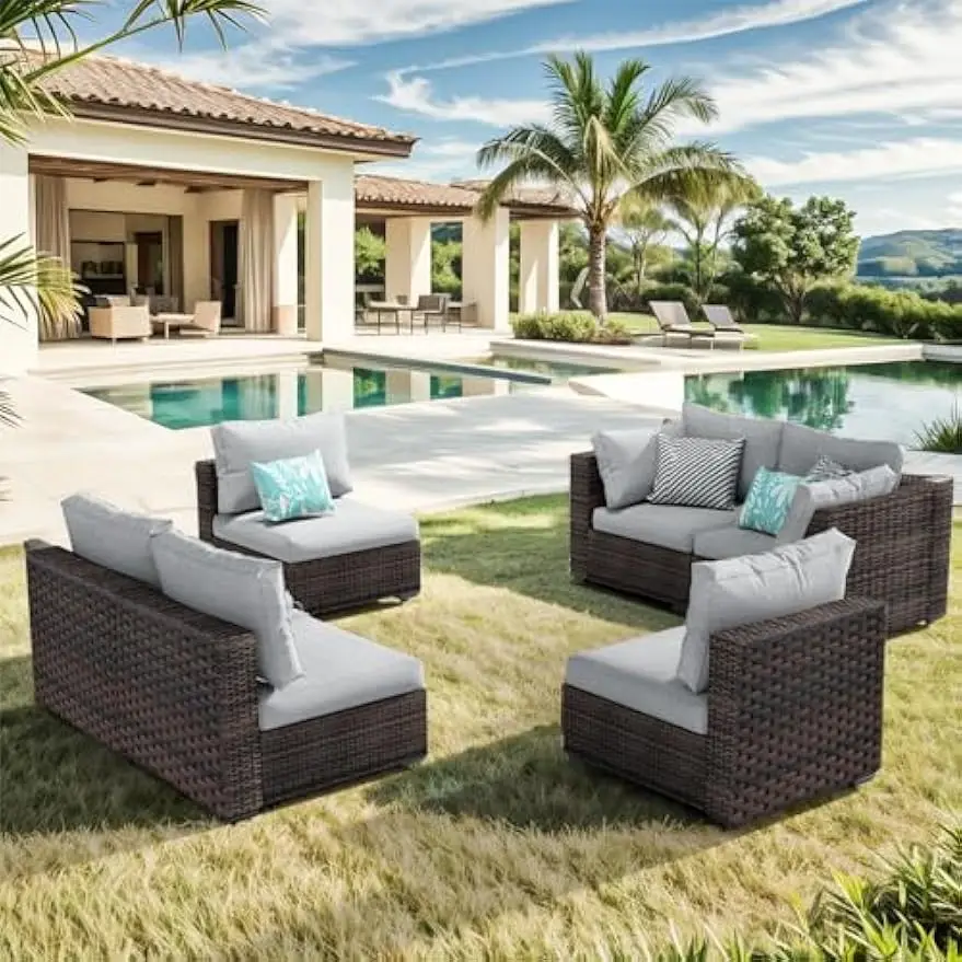 6 Piece Patio Furniture Set, Rattan Outdoor Patio Furniture Sets with Seat Cushions for Backyard (Grey, 6 Pieces Set)