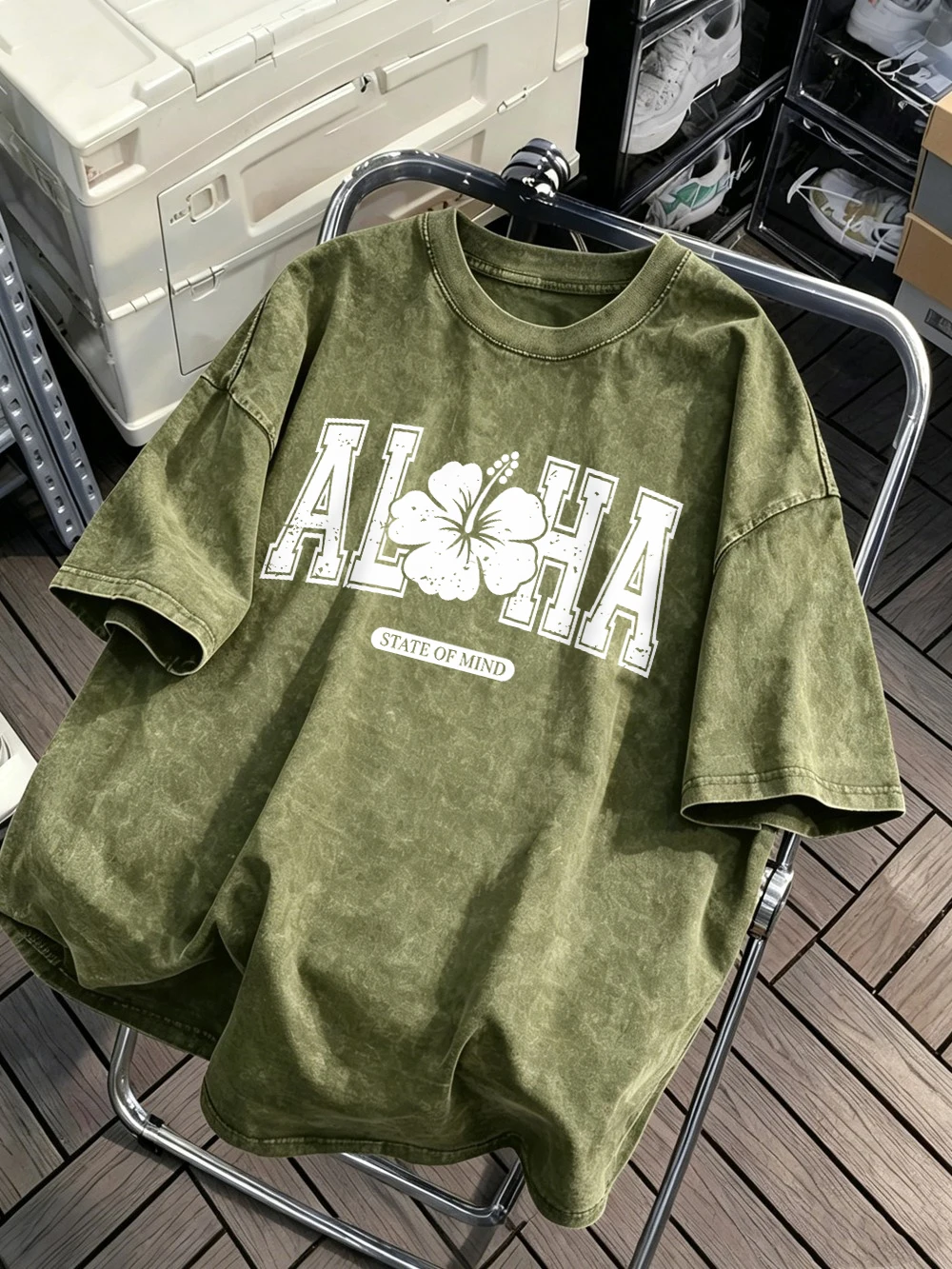 Aloha Hibiscus State Of Mind Printing Washed T-Shirts Womens Cotton Oversize Tees Casual Short Sleeve Tops Summer O-Neck Clothes