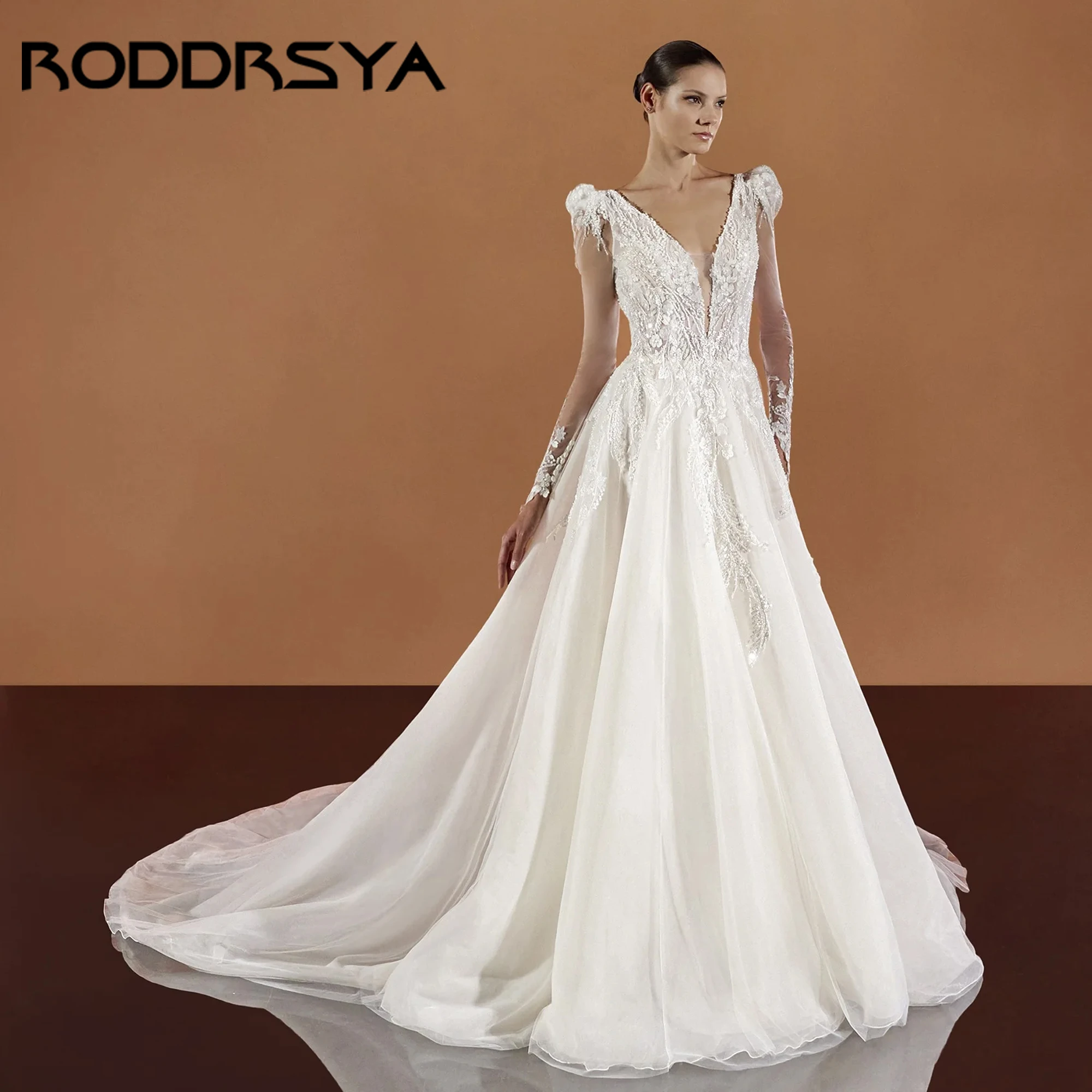 

Boho Lace Wedding Gowns Three-Quarter Sleeves V-Neck Luxury Bride Dresses Lace Appliques vestido de novia Plus Size Customized