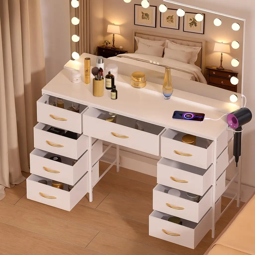 Vanity Desk with Large Mirror,15 LED Bulbs and Power Outlet,Makeup Table with 9 Storage Drawers and HD Mirrors,3, Customized