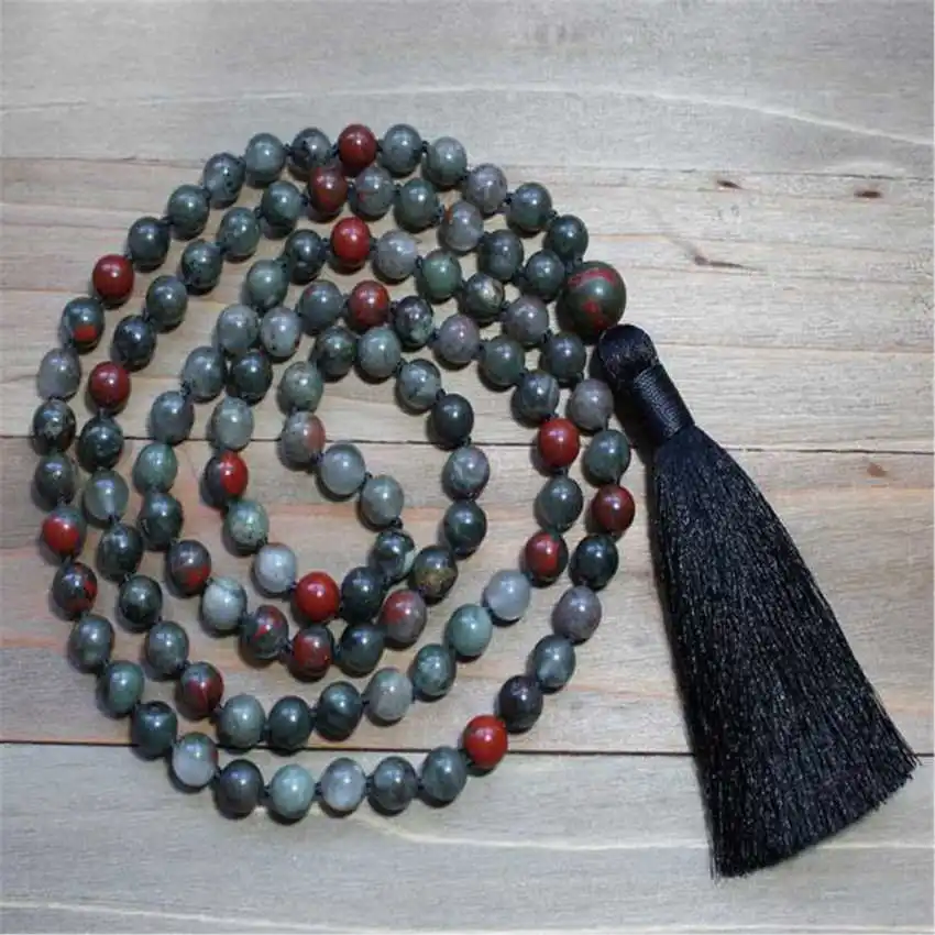 

Natural Bloodstone Mala Beads Necklace 108 Beads with Red Jasper Pendant & Black Tassel Healing Crystal Jewelry