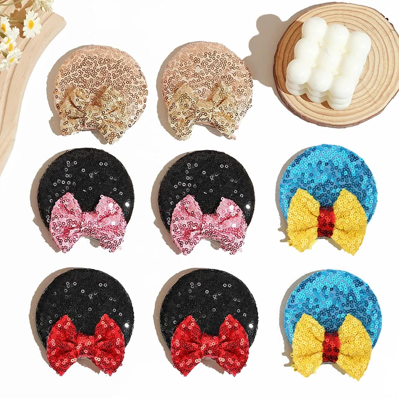 

Заколки для волос с ушками Микки Мауса и Минни, милые мультяшные заколки с блестящими бантиками, декоративные заколки для Хэллоуина, подарки для женщин