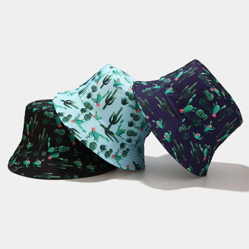 Reversible Cactus Print Bucket Hat Unisex Cotton Sun Hat for Summer Beach Outdoor