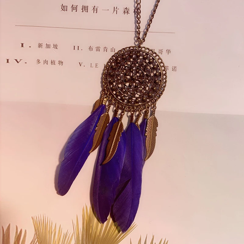 Boho Chain Long Feather Necklace For Women Metal Tassel Geometric Hollow Round Antique Bronze Color Vintage Necklaces Jewelry