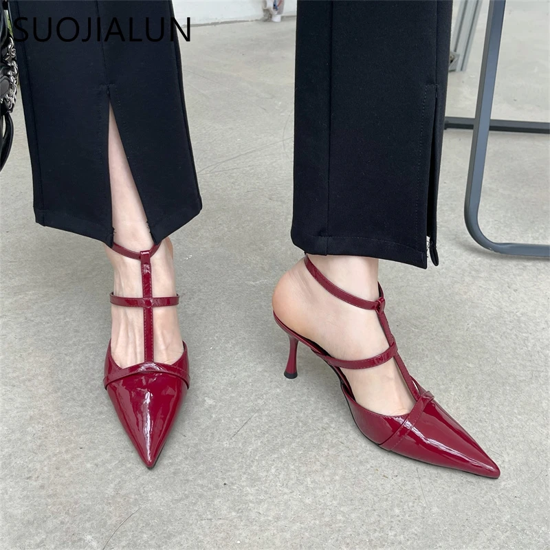 SUOJIALUN 2023 Spring New Pointed Toe Women Sandal Fashion Ankle Starp Thin High Heel Ladies Elegant Pumps Dress Slingback Shoes