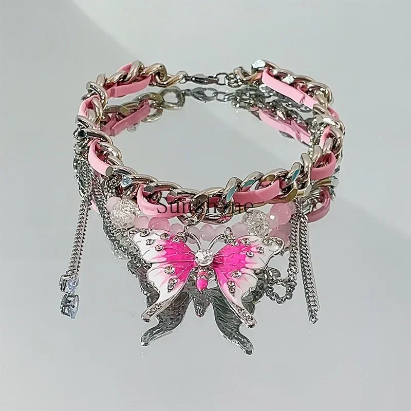 

Pink Butterfly Leather Splicing Necklace Accessories Women's Neck Chain Premium Clavicle Chain