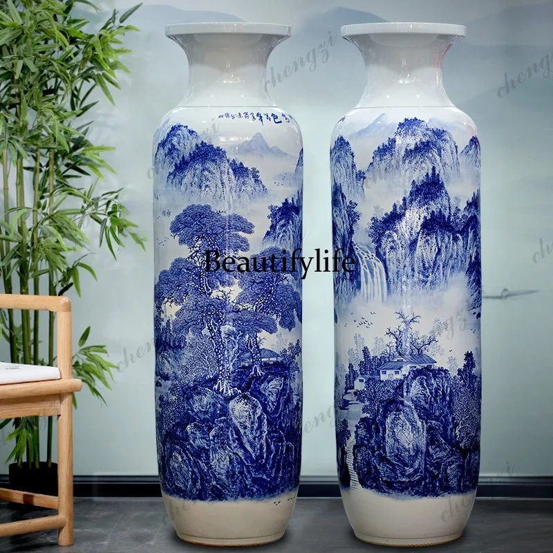 Ceramic hand-painted blue and white porcelain floor-to-ceiling large vase living room large ornament