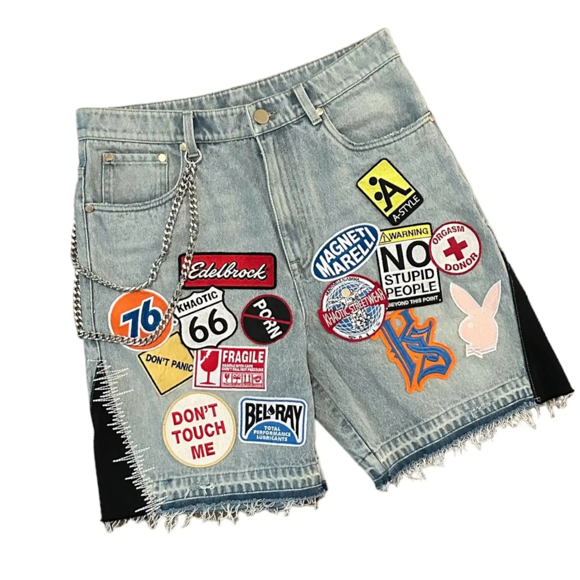 Streetwear Light Blue Denim Shorts Men Women Harajuku Cartoon Graphic Patch Loose Pants Gothic Pockets Embroidered Sports Shorts