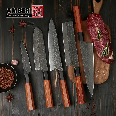 Hign Carbon Japanese Forged 440C Steel Kitchen chef Santoku Nakiri Knife Set Black forged knife set with red wood & ebony Handle