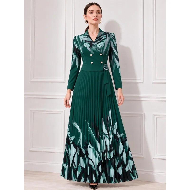 Miyake Suit Collar Pleated Long Sleeved Design Dress With Printed Pattern Loose Fashionable Fold Botton Formal Women's Clothing