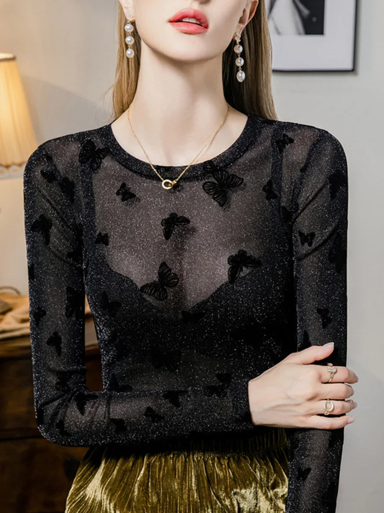 

Butterfly Flocking Bright Silk T-Shirt For Slim Fit 2025 Autumn New Style Mesh Inner Layer Women's Base Shirt Top