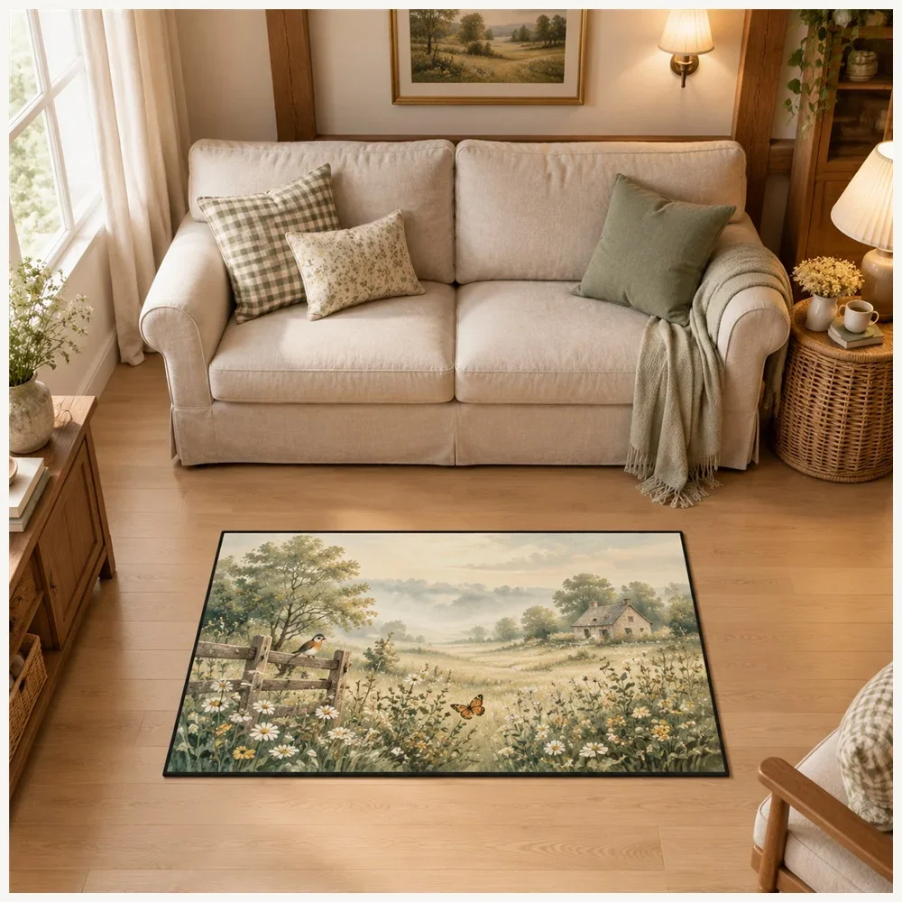 VIKAMA Country Morning Mist Door Mat, Non Slip Washable Flannel Rug, Cottagecore Floor Mat for Hallway, Front Door, Kitchen