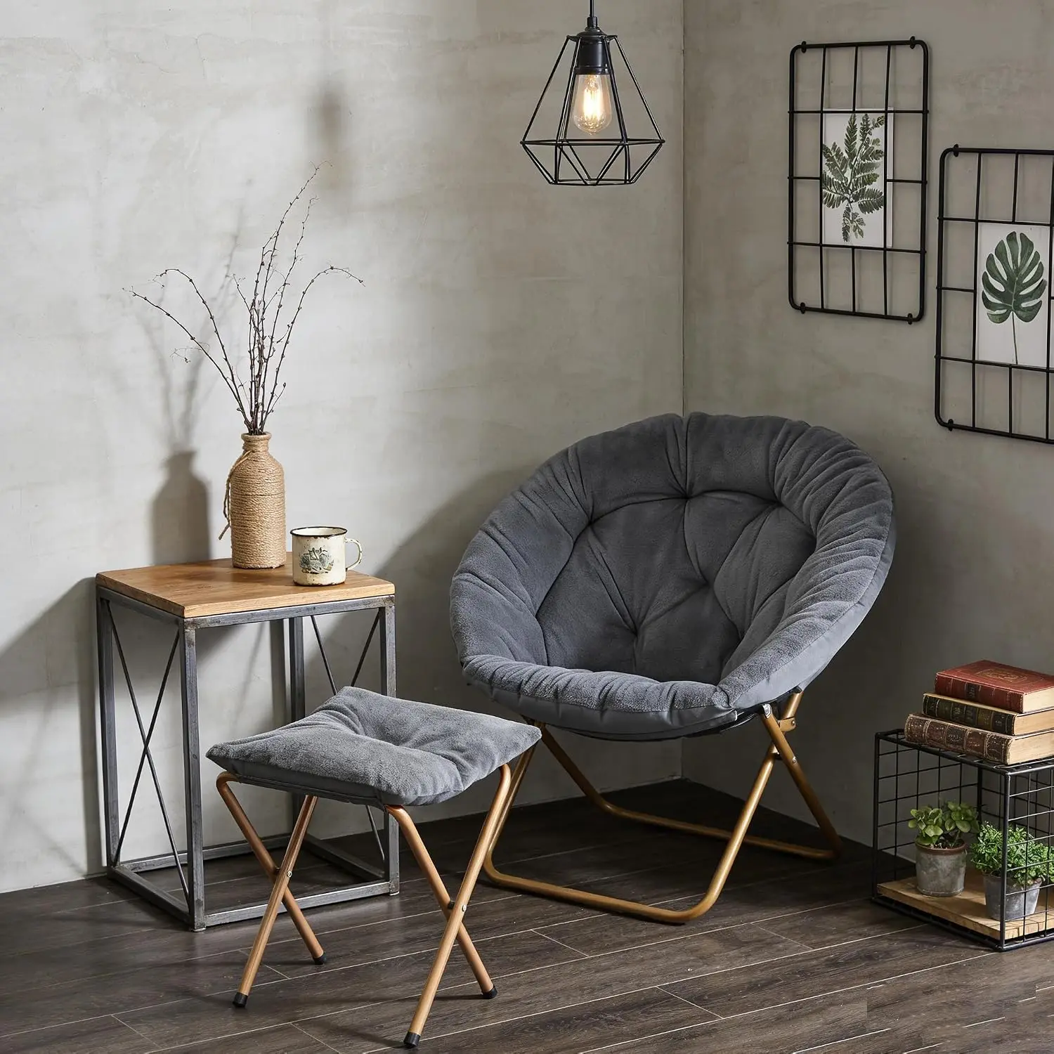 Folding Saucer Chair with Ottoman, Furry Padded Seat Metal Leg for Bedroom Living Room Dorm Small Space Grey 2 Pack, Customized
