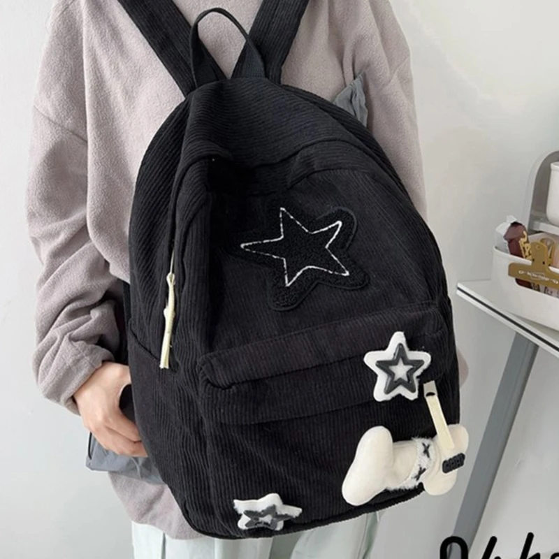 2024 NEW Backpack Bookbags for Girl Student Corduroy Rucksack with Star Pattern Large Capacity Double Strap Y2K Shoulder Bag