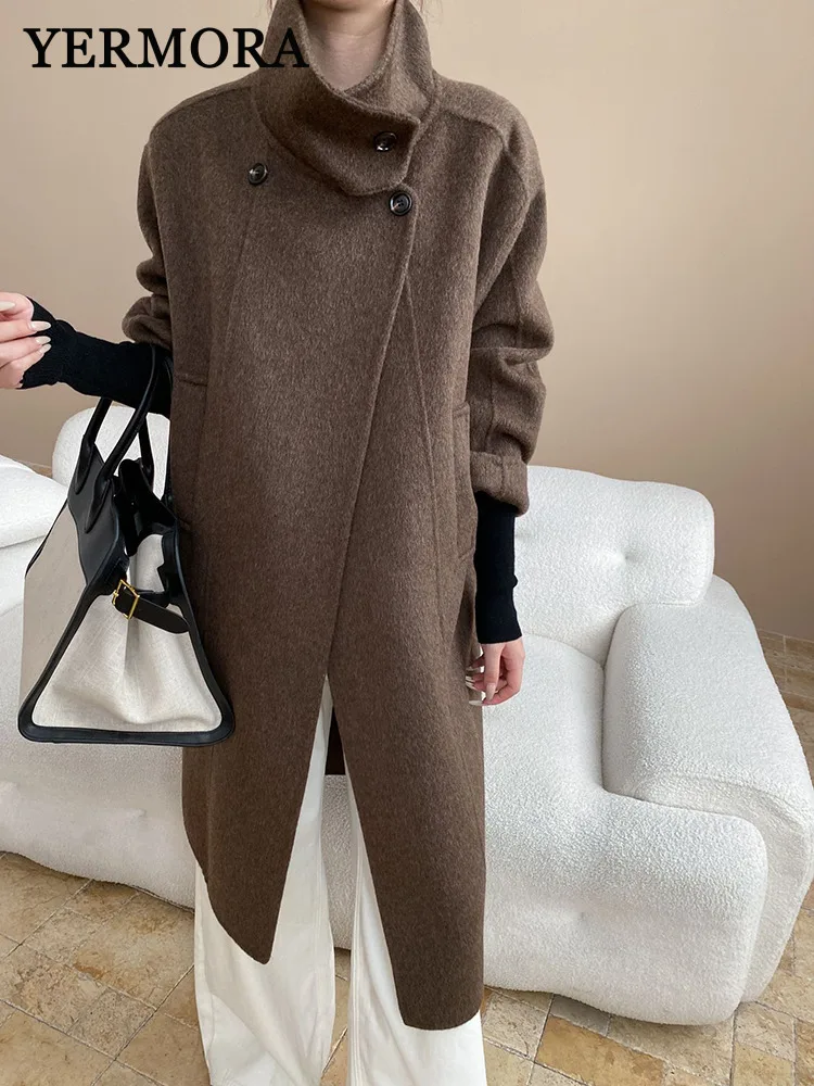 YERMORA Coffee Button Thick Casual Woolen Coat For Woemn Stand Collar Long Sleeve Loose New Overcoat Fashion Tide Autumn Winter