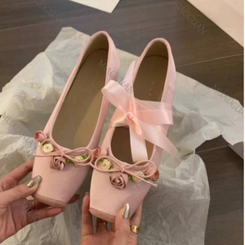 

Women Ballet Flats Luxury Lace Bow Mary Janes Shoes Lolita Dress Square Toe Footwears Designer Walking Female Floral Sandals