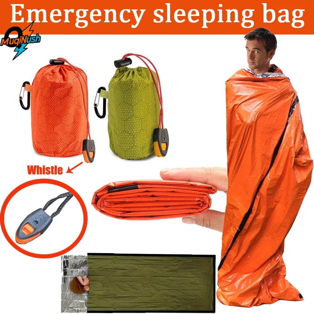 

MuqiNush 1Pc Portable Survival Blanket PE Aluminum Film Thermal Sleeping Bag Warm Windproof Waterproof Camping Outdoor Whistle