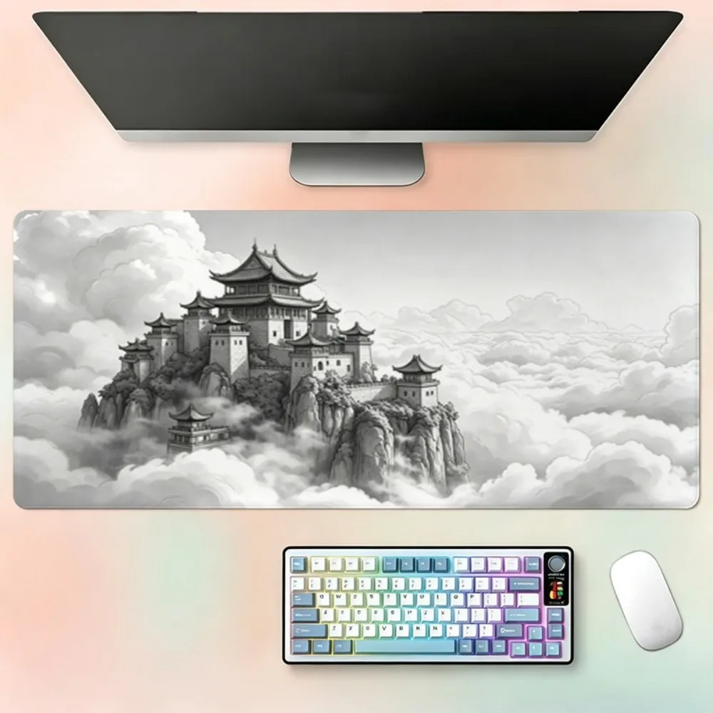 Large single-color East Asian cliff palace pattern polyester mouse pad, wear-resistant easy-to-clean alfombrillas gaming