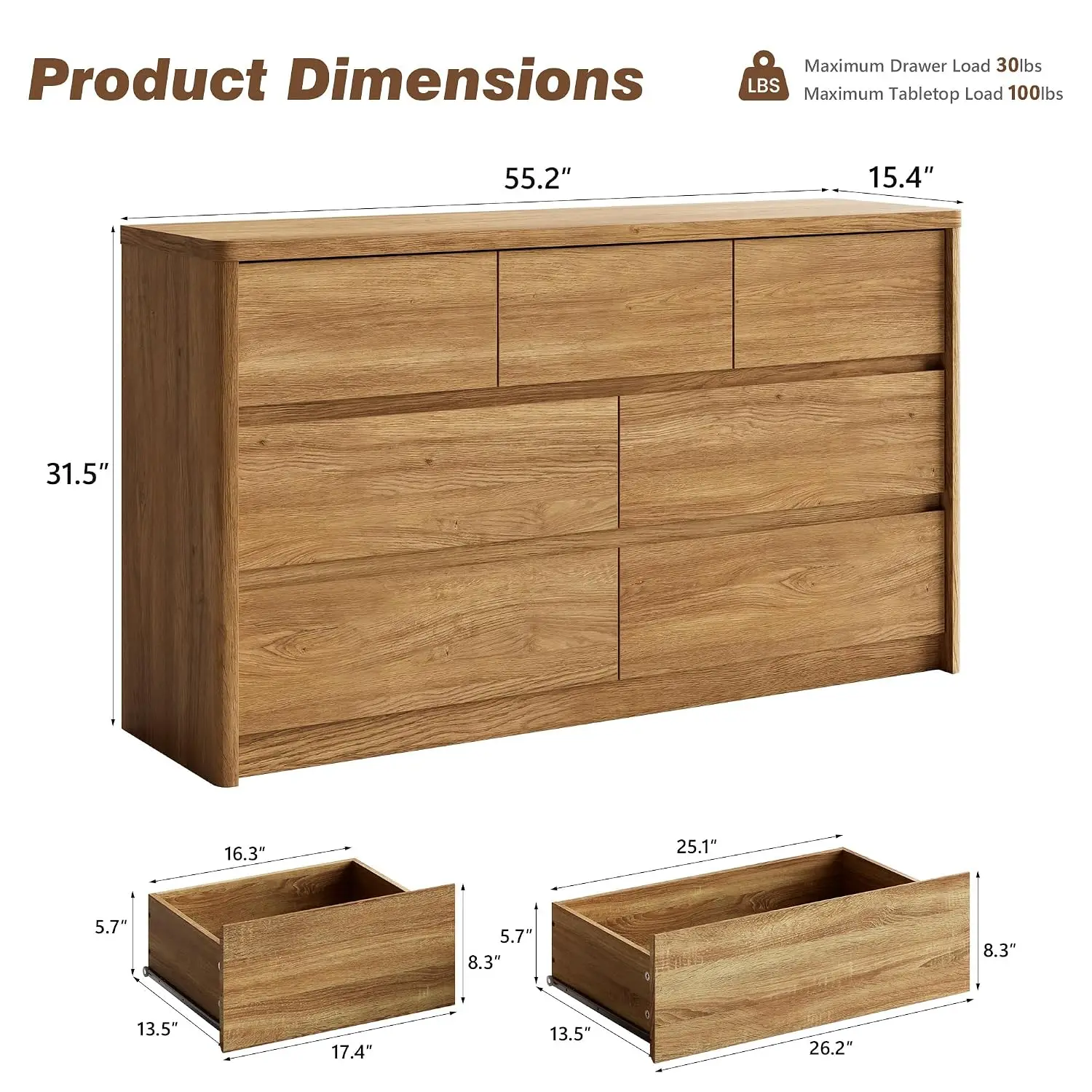 3 Pieces Bedroom Set, 55 Inch Width 7-Drawer Dresser & 2-Drawer Nightstands Set of 2,Nightstand with USB&Type C, Customized