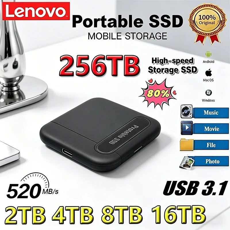 

Оригинальный внешний жесткий диск Lenovo 2 ТБ, 4 ТБ, 8 ТБ, портативный SSD-накопитель USB 3.1 для ноутбуков и настольных ПК