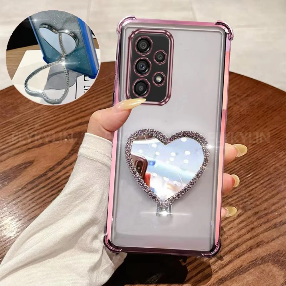 Love Heart Mirror Bracket Phone Case For Samsung A51 A31 A21S A50 A20 A30 A70 A71 A11 A10S Shockproof Transparent Silicone Cover