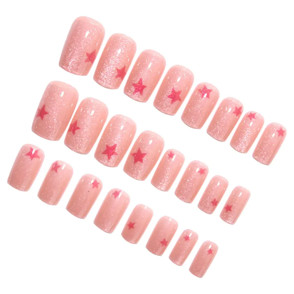 Uñas postizas color rosa nude brillante con estampado de estrellas, encanto Y2K para chicas, uñas de acrílico adhesivas, 24 piezas 6