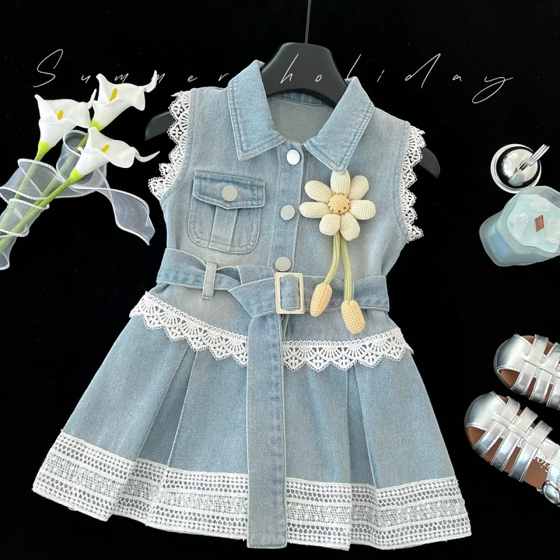 

New stylish summer denim dress for baby girls, children's lace patchwork slim-fit dress