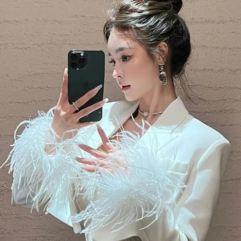 Fashion Feather Long Sleeve Suit Jacket Women One Button Cropped Blazer Ladies Office Blazers For Woman Streetwear White Coats