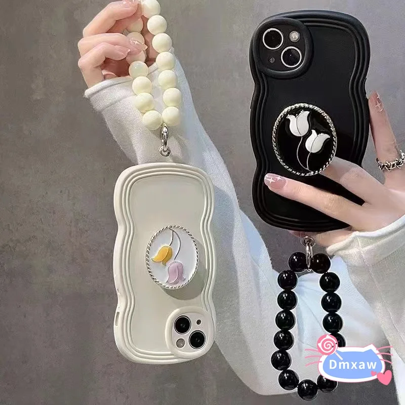 

For iPhone 15 Pro Max 14 13 12 11 Pro Max 14 Plus 6 7 8 Plus SE 2020 Tulip Flower Stand Holder Phone Case With Bracelet Chain