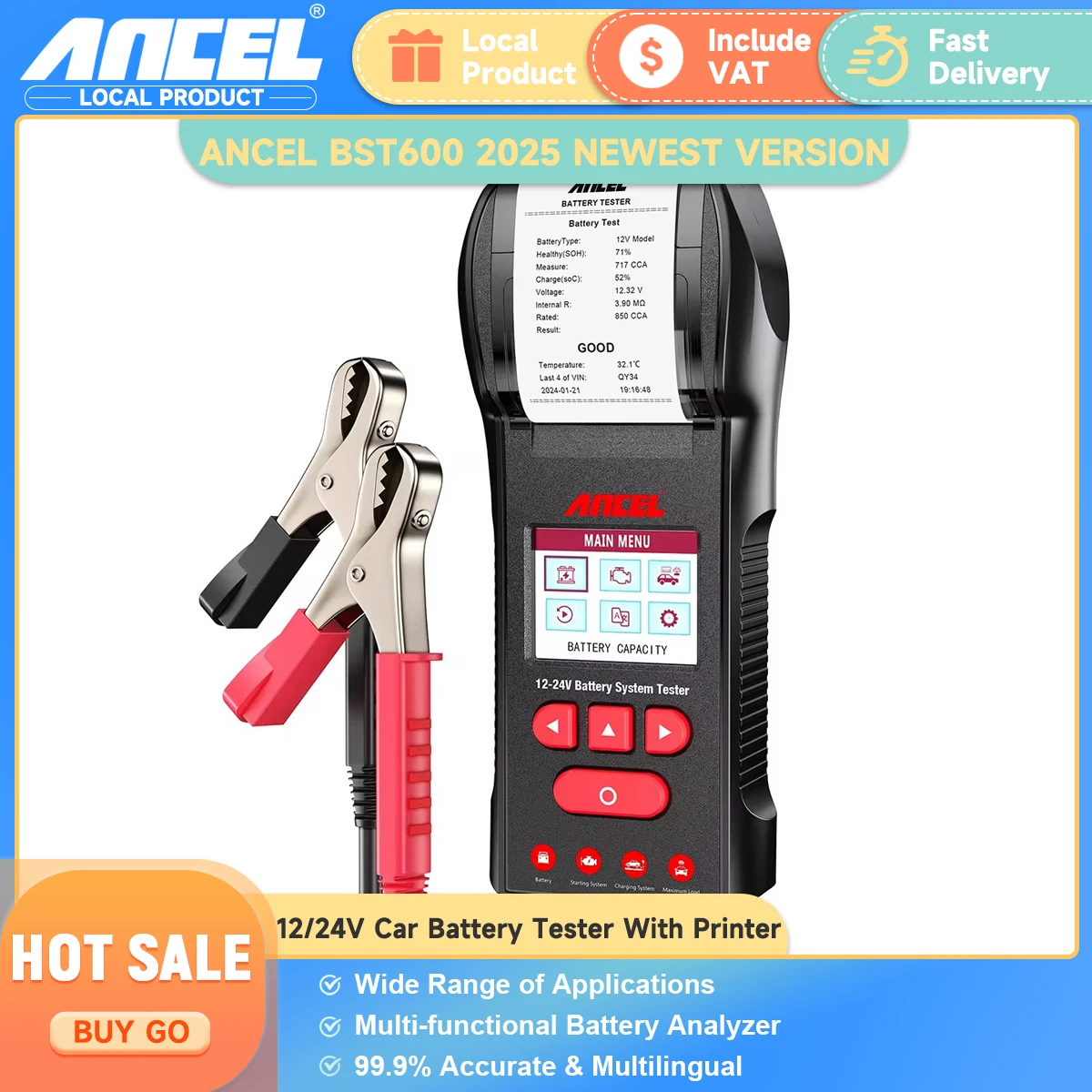 ANCEL BST600 12V/24V Car Battery Tester 100-2000 CCA Battery Load Tester Car System Analyzer Tool for Trucks/Cars/Motorcycles