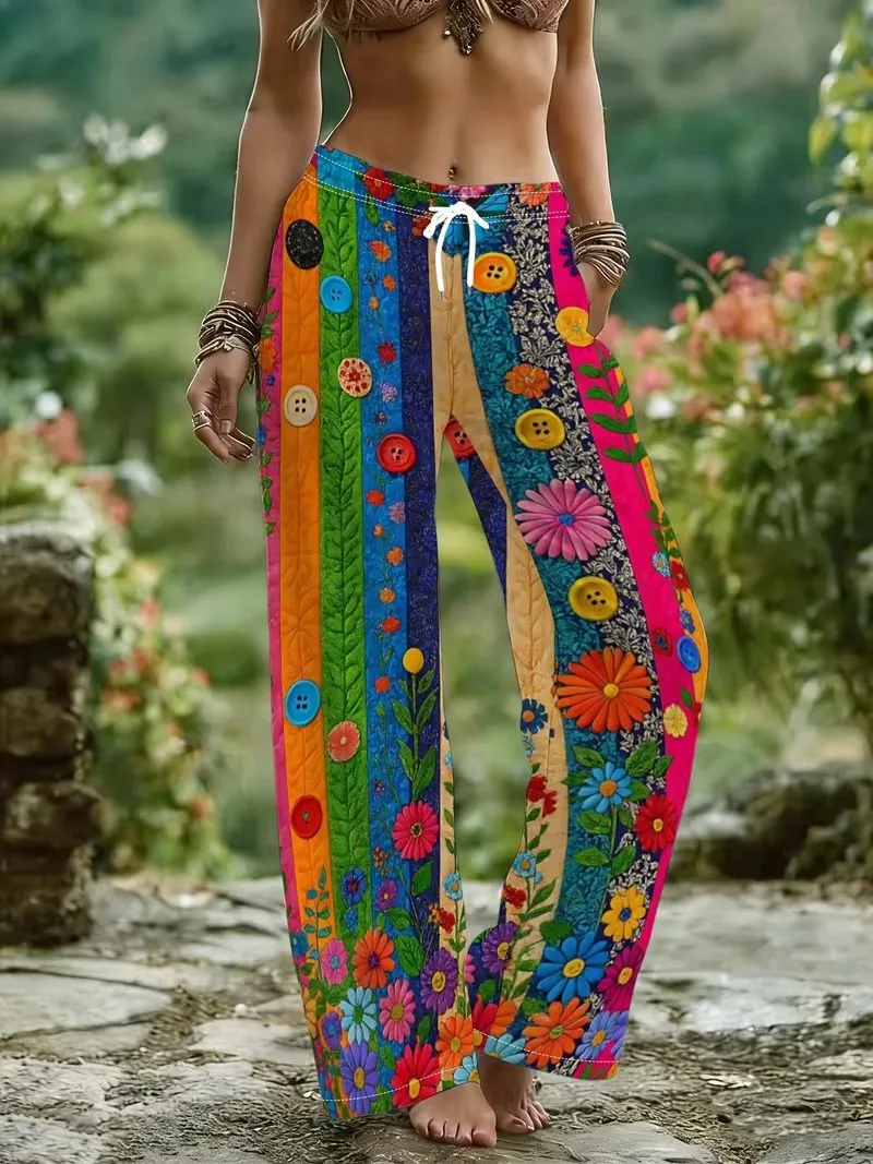 New 3D Floral Print Women's Wide-leg Pants Drawstring Relaxed-Fit Casual Comfortable Breathable Fashionable Wide-Leg Pants