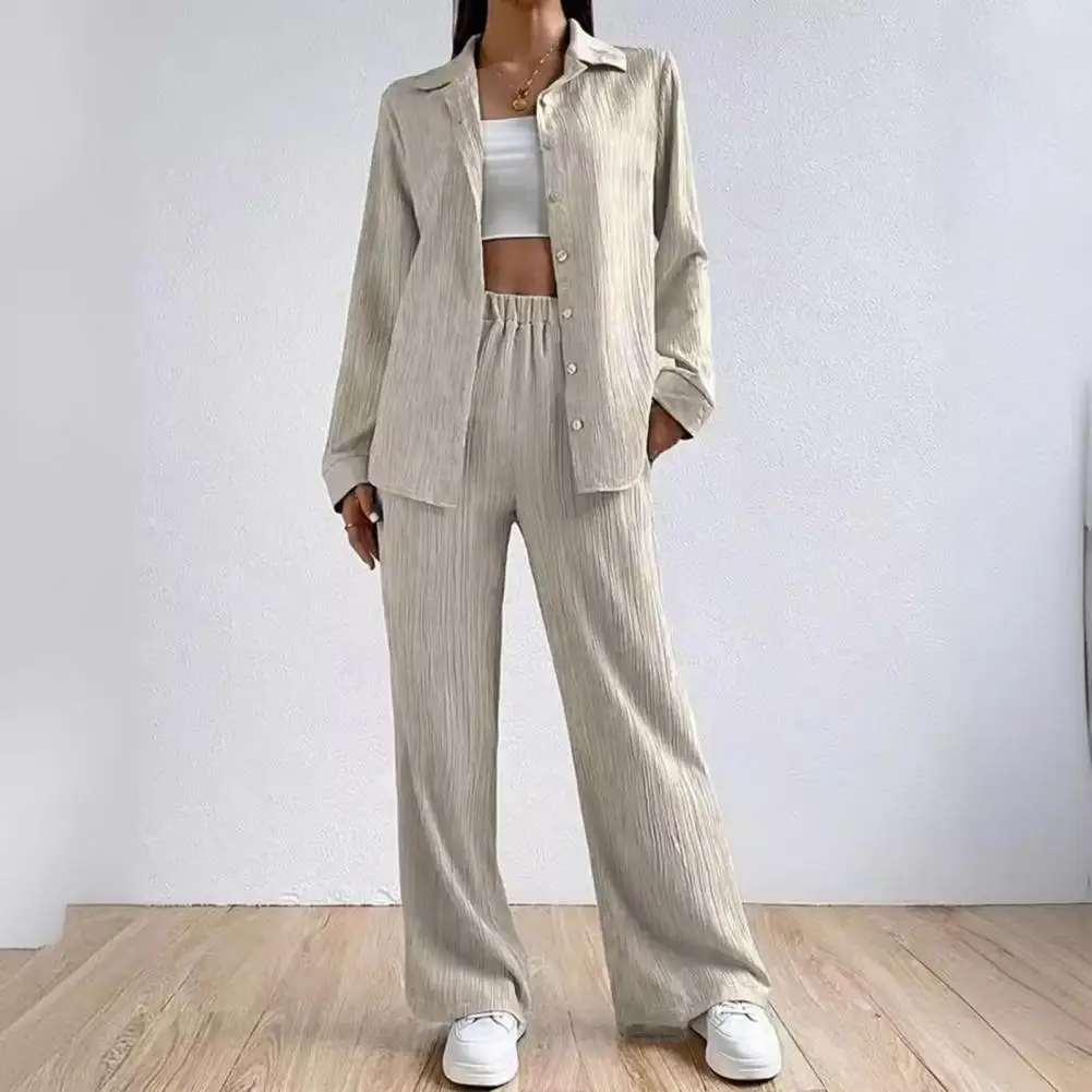 Spring Long-sleeve Blouse Set Stylish Women's Shirt Pants Set with Loose Lapel Blouse Wide Leg Trousers Chic for Fashionable