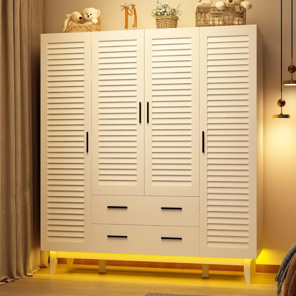 4 Door Armoire Wardrobe Closet Cabinet with Drawers and LED Lights, Multi-Tier Shelves, Hanging Rod & 4 Louver Doors