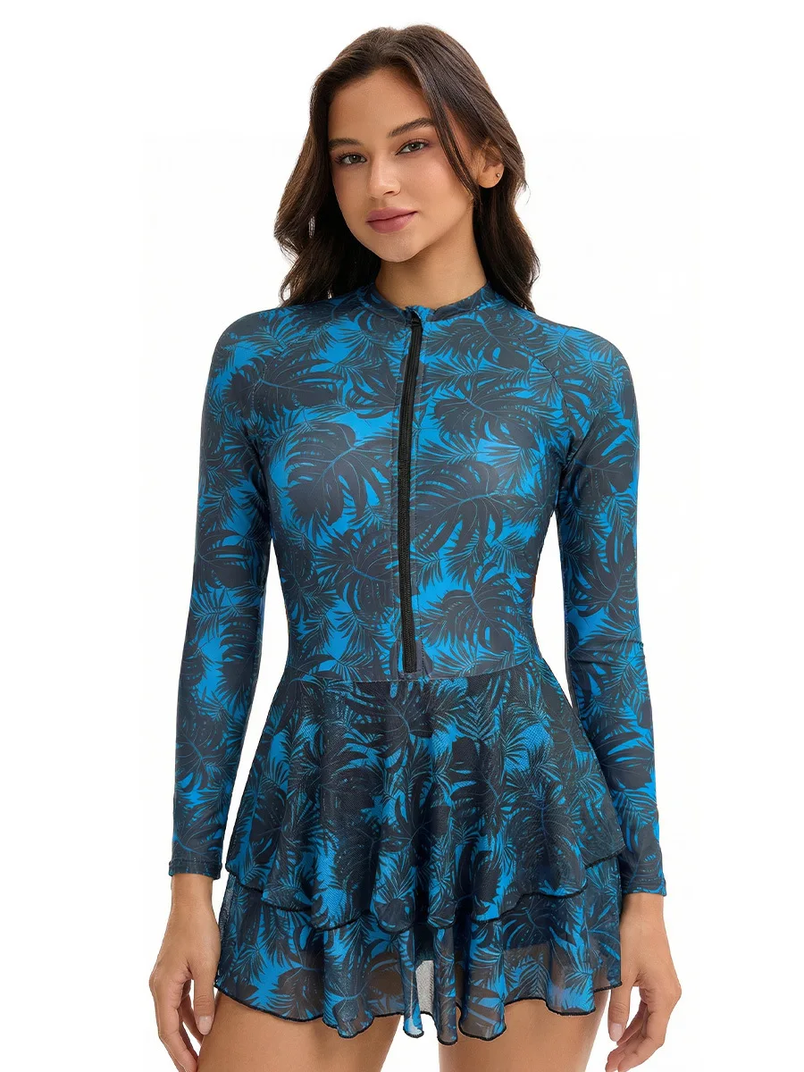 Women Long Sleeve Swimsuit Modest Printed Swim Dress Padded Swimwear Rash Guard Front Zipper Surfing for Swimming UPF 50+